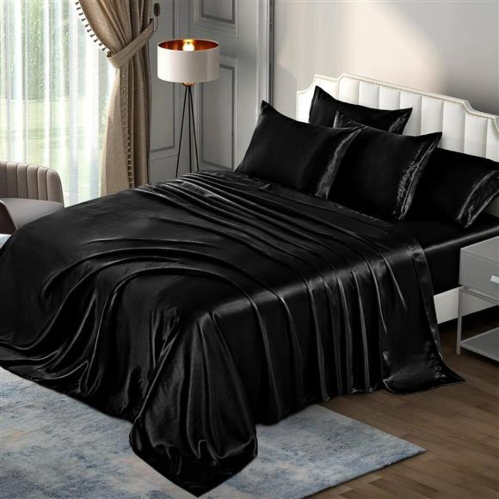 6Pieces Queen Satin Sheets Luxury SilkyBlack Satin BeddingSheet Set,1Deep Pocket